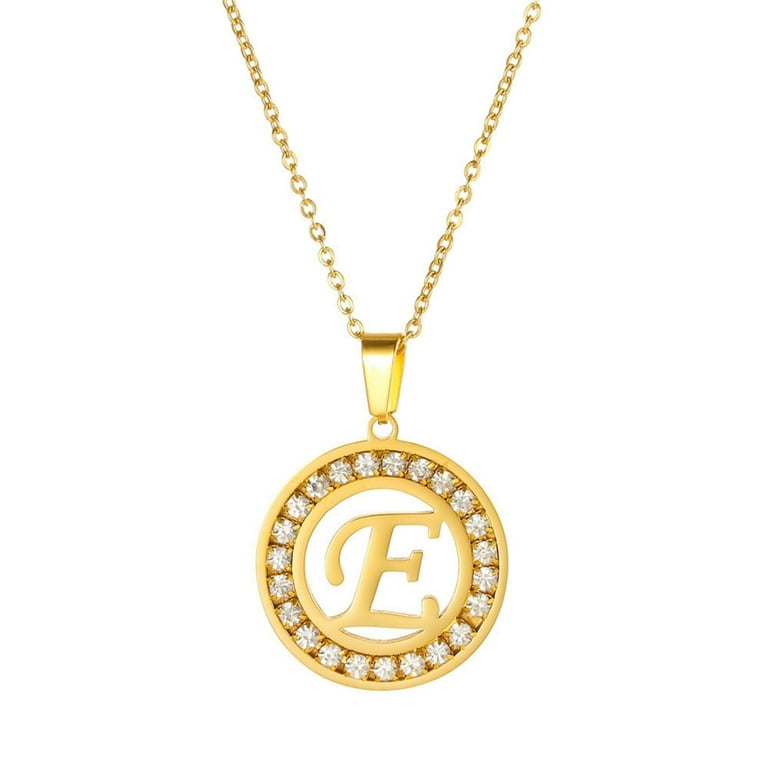 Women Round Pendant Necklace Gold Color A-Z 26 Letter Inlaid