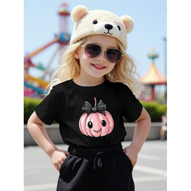 Halloween T-shirt - Girls' Cute Pink Pumpkin & Smiling Face Print Cotton T-Shirt - Short Sleeve Round Neck Summer Top with Heart Eyes & Blowing Kisses, Casual Playful Casual Attire