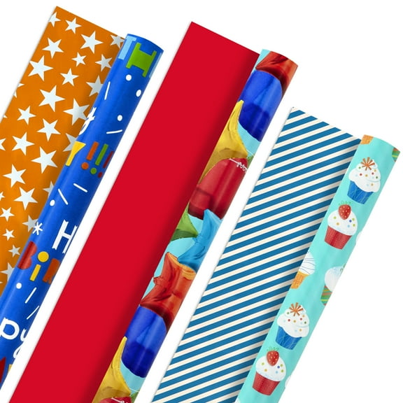 Hallmark All Occasion Reversible Wrapping Paper Bundle - Kids Birthday (3 Rolls - 75 sq. ft.) Balloons, Stars, Cupcakes, Blue Stripes, Solid Red