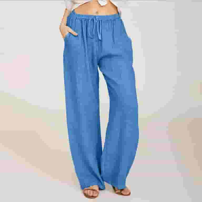 Linen pants with front pleats Blue パンツ QUYUON Wide Leg Linen Pants for Women Drawstring Elastic