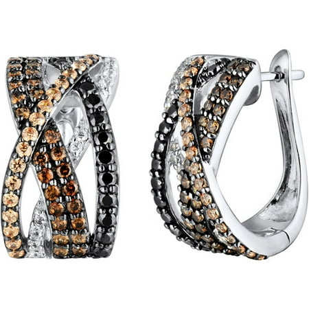 3.39 Carat T.G.W. Black, Brown, Champagne and White CZ Sterling Silver Hoop Earrings