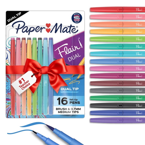 Paper Mate Flair Pens, DUAL Felt Tips, Assorted Colors, 16 Count