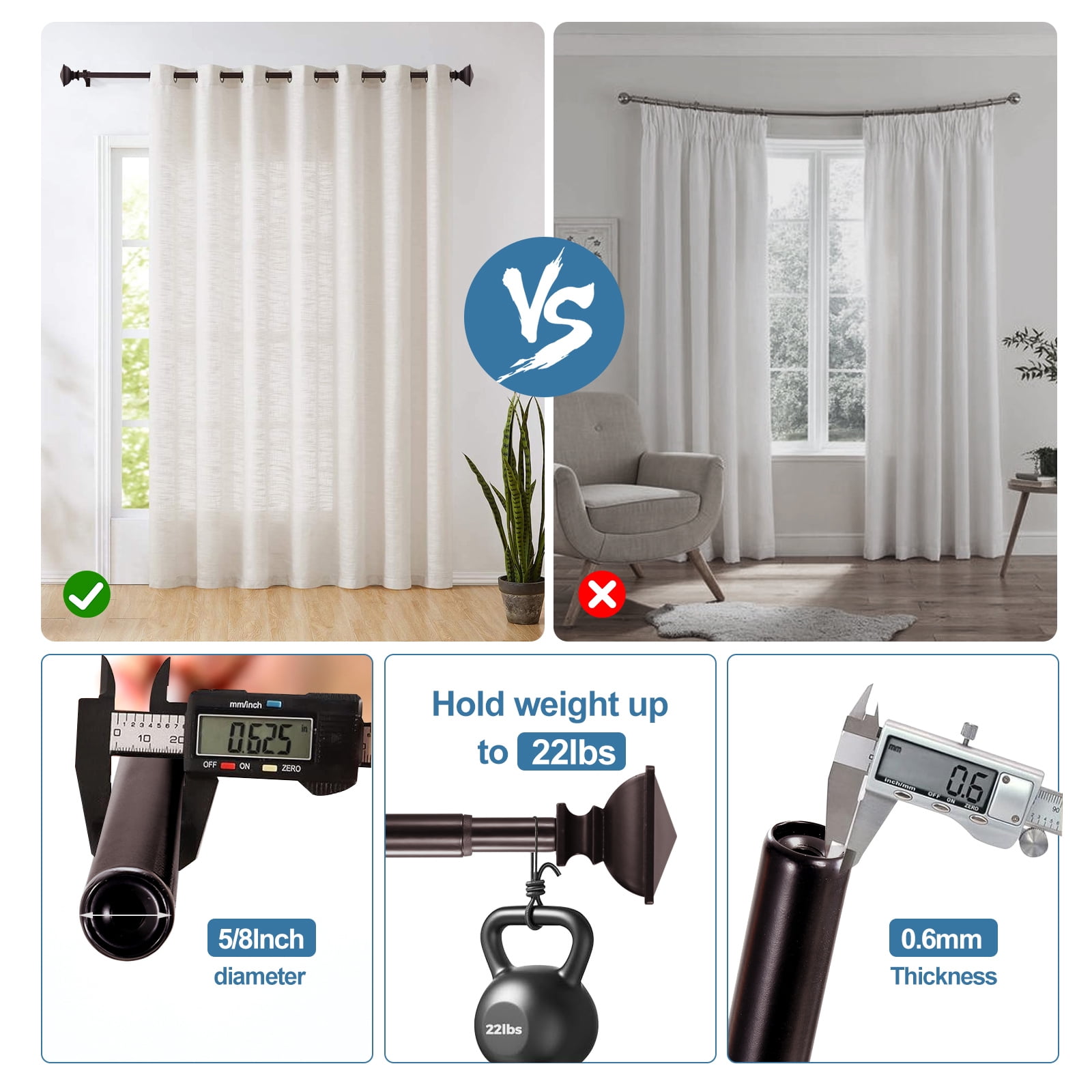 Urbanest Adjustable Double Curtain Rod Set Metal with Decorative Square Urn Finials, Heavy-Duty