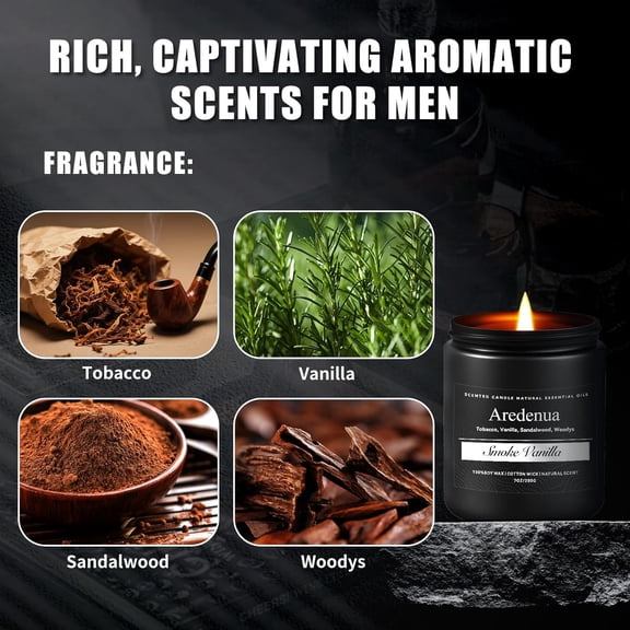 JUNCHI-Smoke & Vanilla Candle | Manly Candles for Home Scented, Masculine Soy Candles for Men - 7oz Long Lasting Scented Candle for Home, Aromatherapy Gift for Men & Women