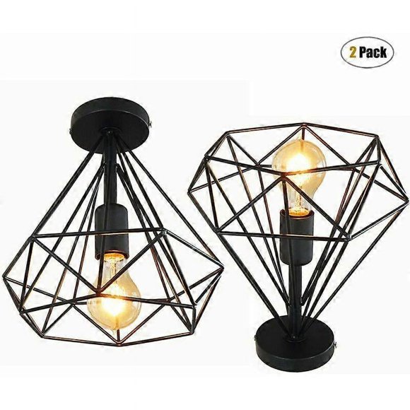 Pack of 2 Retro Industrial Cage Light Diamond Shade 25cm E27 Black