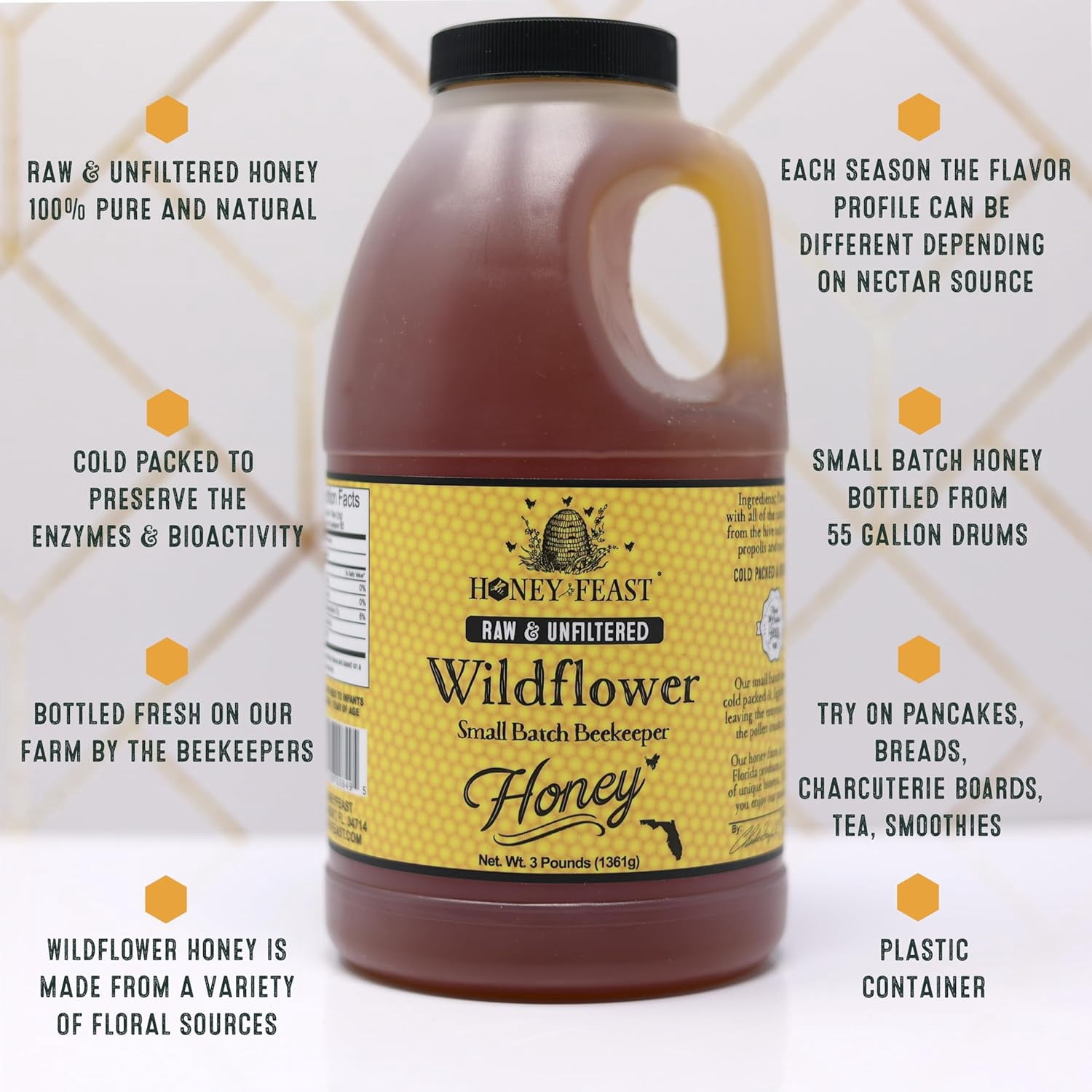 HONEY FEAST 3 Pounds Raw Wildflower Honey | from American Organic floral sources
