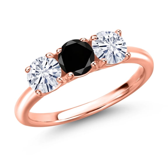 Gem Stone King 18K Rose Gold Plated Silver Black Diamond and White Moissanite Engagement Ring for Women | 1.55 Cttw | Round 5MM | Gemstone April Birthstone | Size 9