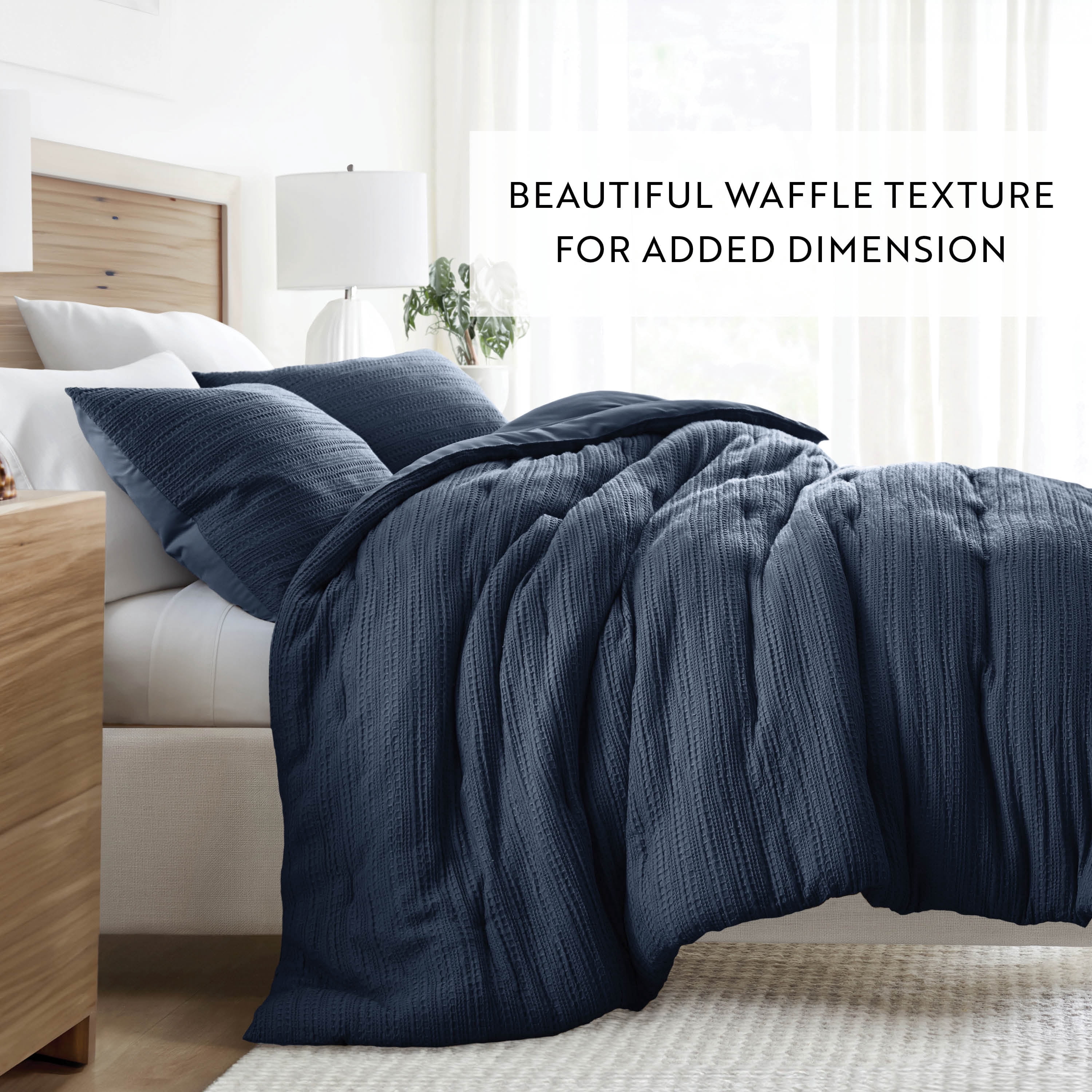 Noble Linens 3 Piece Navy Waffle Textured All Season Down-Alternative Comforter Set, Full/Queen