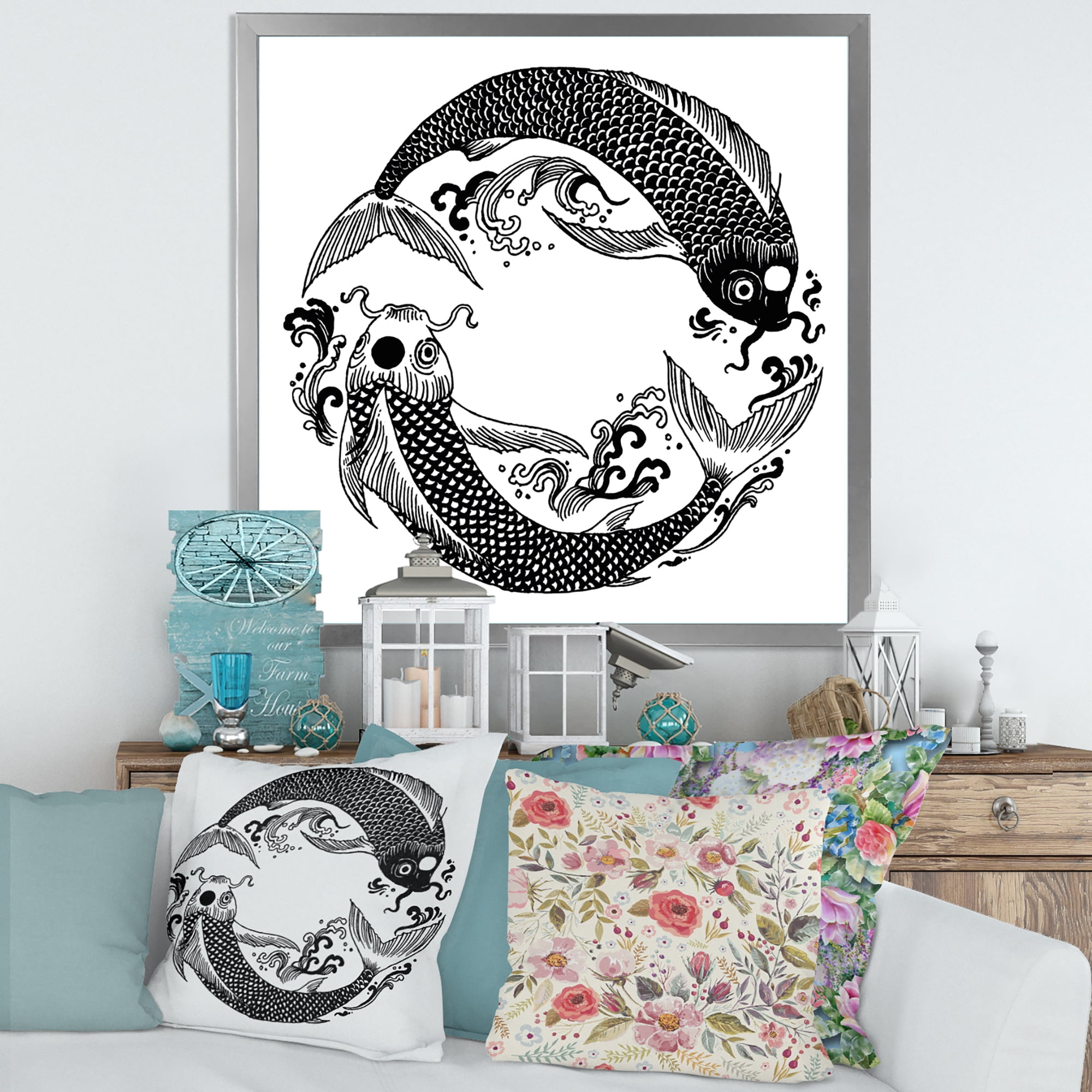 Designart 'China Koi Fish In Chinoiserie Style III' Nautical & Coastal Framed Art Print