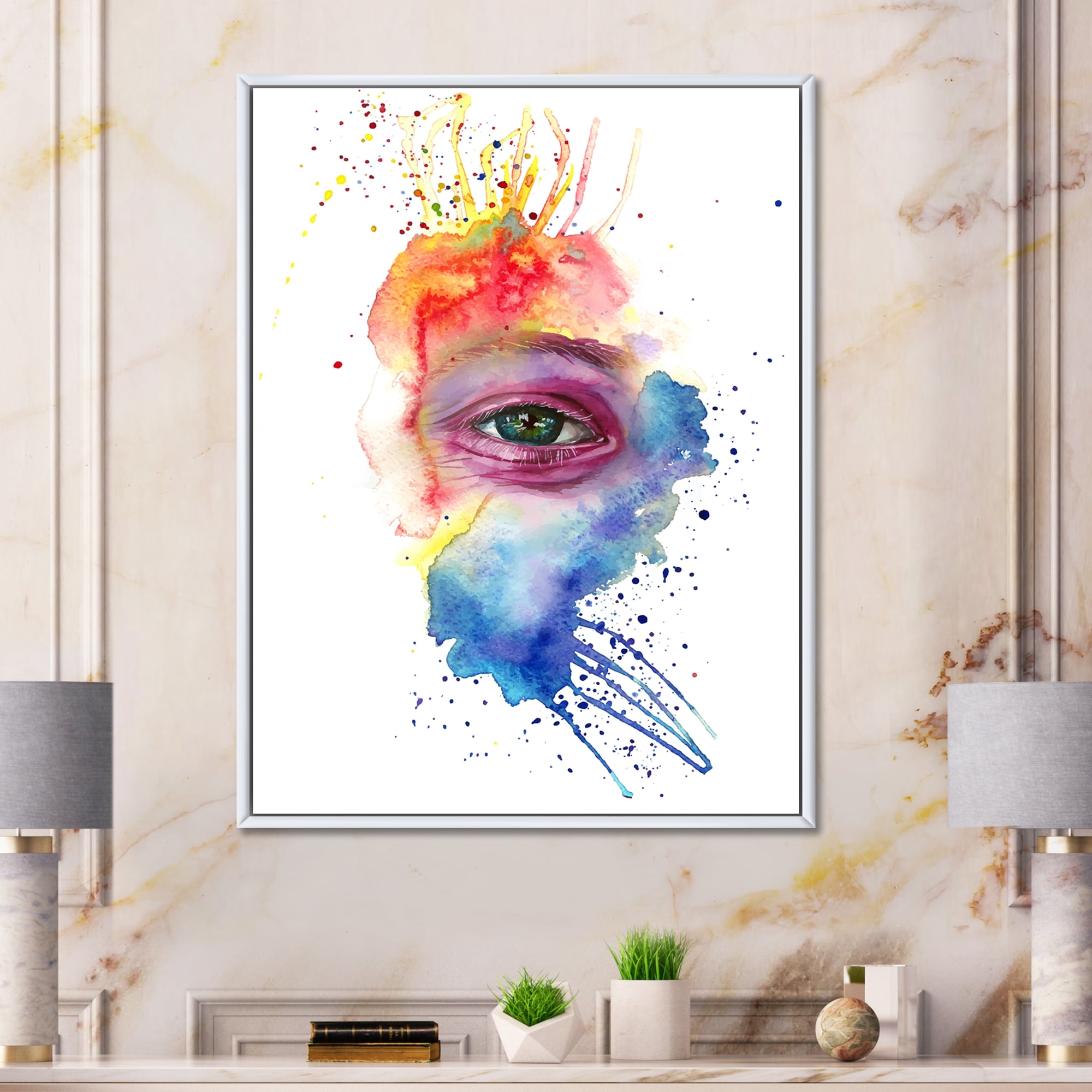 Designart 'Detail of Eye In Rainbow-Colored Face Portrait' Bohemian & Eclectic Framed Canvas Wall Art Print