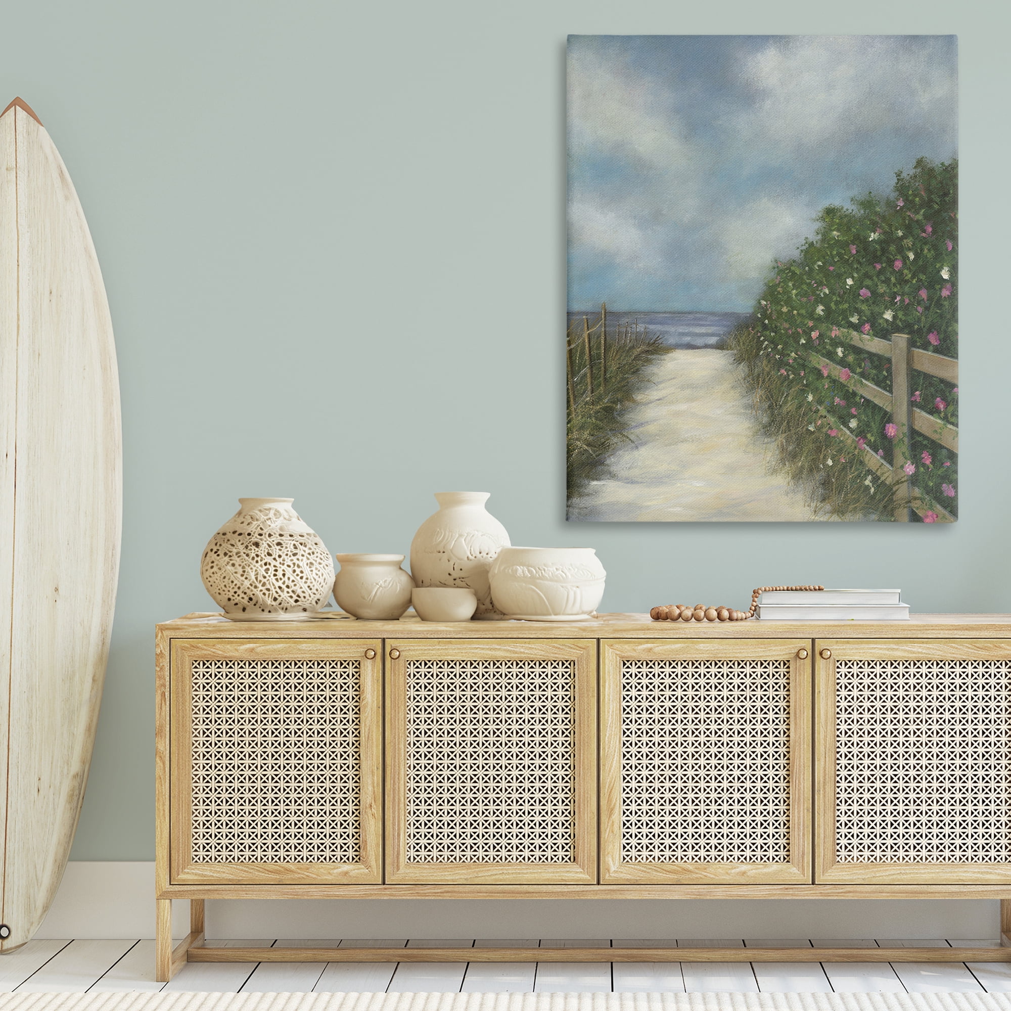 Stupell Industries Floral Lined Beach Path Landscape Painting Gallery Wrapped Canvas Art Print Wall Art, 36 x 48