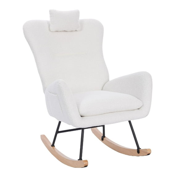 Teddy Upholstered Rocking Chair - White Plush Nursery Glider Chair with High Backrest for Breastfeeding, Living Room & Bedroom, Easy Assembly (Solid Wood & Steel Frame)