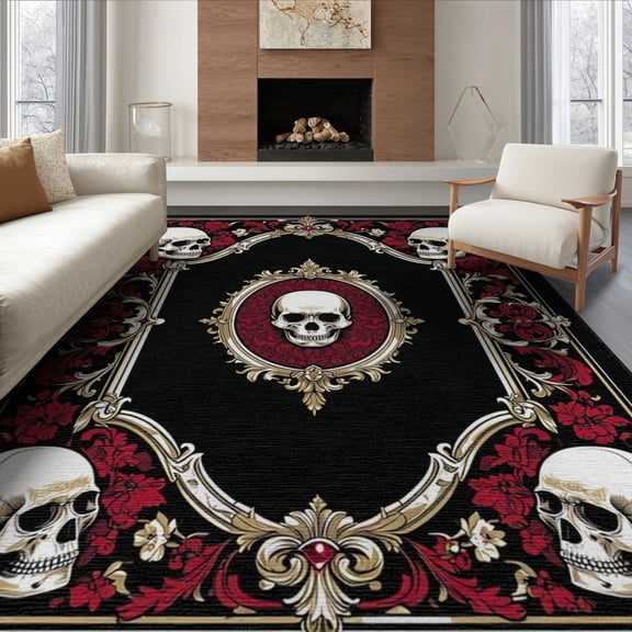 ODIKA 8'x10' Washable Area Rug Durable, Non-Slip Goth Skull Vintage Damask Ornate Spooky Border Halloween Pastel for Living Room, Under Sectional, Family