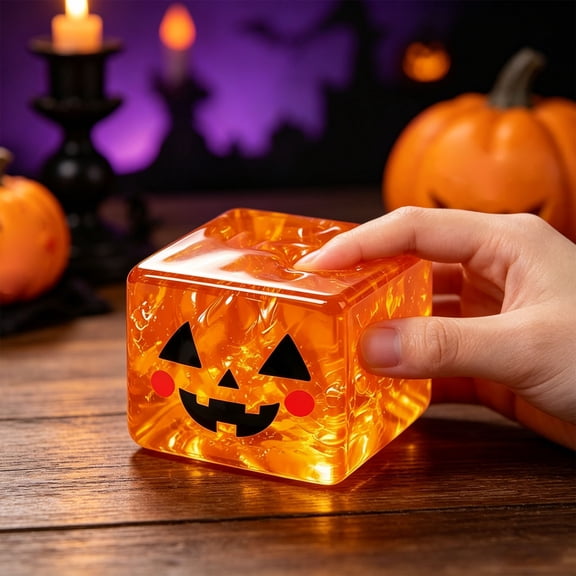 2.17" Transparent Orange Pumpkin Squishy Cube, Soft Gel Halloween Desk Decor
