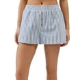 thumbnail image 2 of Yunliwuli Women's Stripe Print Pajama Shorts Elastic Waist Button Decor Straight Leg Sleeping Short Pants, 2 of 10