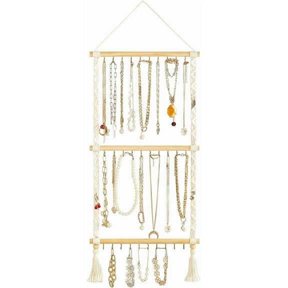 Dahey Hanging Jewelry Organizer Macrame Necklace Holder with 30 Hooks Wall Mounted Jewelry Hanger Over Door Necklace Rack with Tassel for Necklace Bracelet Earring Headband Bow Organizer