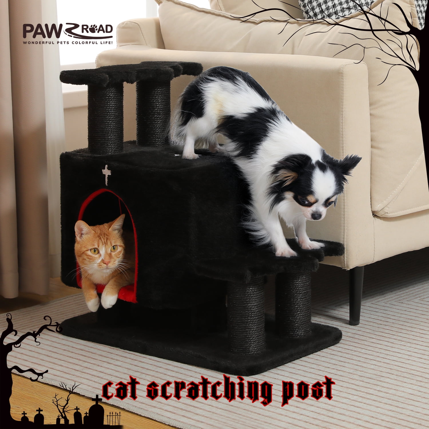 PAWZ Road 21.3" Dog Stairs with Scratching Post 3-Step Pet Stairs with Cat Condo for Small Dog Black