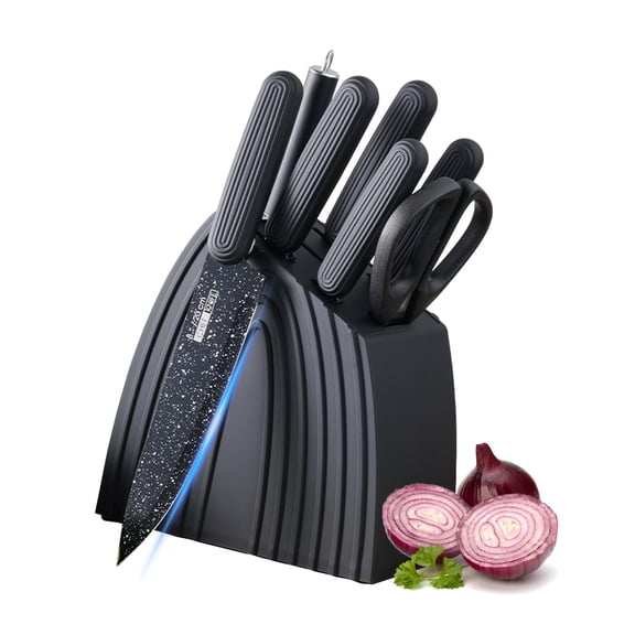 8-Piece Knife Block Set, Anti-Rust Stainless Steel Kitchen Knife Set with Built-in Sharpener & Shears, Ultra Sharp Chef Knives Cooking Gifts for Women - Black