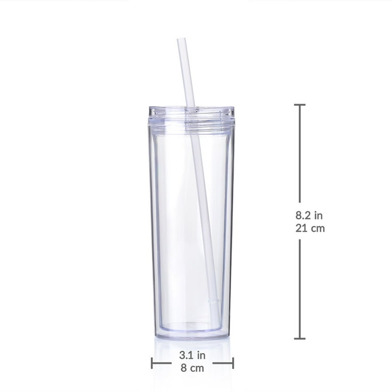 Strata Cups Skinny Tumblers 12 Clear Acrylic Tumblers with Lids and Straws | Skinny, 16oz Double Wall Clear Plastic Tumblers with Free Straw