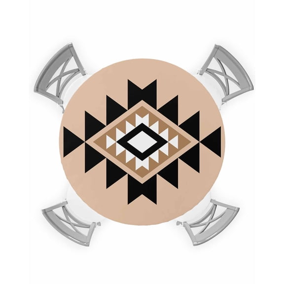 nqOlkjepod Black Khaki Boho Round Tablecloth, Fitted Table Cover with Elastic for 55"-60" Round Tables, Aztec Southwest Ethnic Geometric Art Table Cloth Outdoor Dinning Party Waterproof Tablecloths