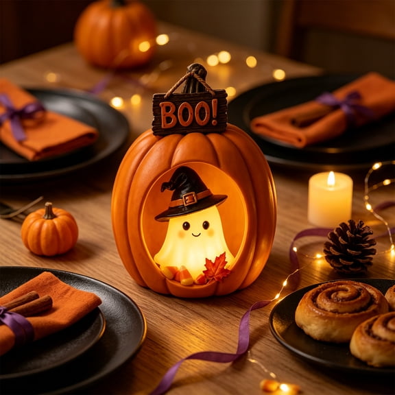 Halloween Acrylic Pumpkin Ghost Ornament 4in 2D Flat Tabletop Figurine with Witch Hat for Shelf Mantel Desk Indoor Home Party Decor Display Items Collections