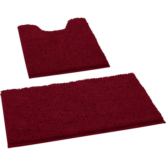 2 Pieces Bathroom Rugs, Ultra Soft Non Slip Absorbent Chenille Toilet Bath Mat Set (Burgundy)