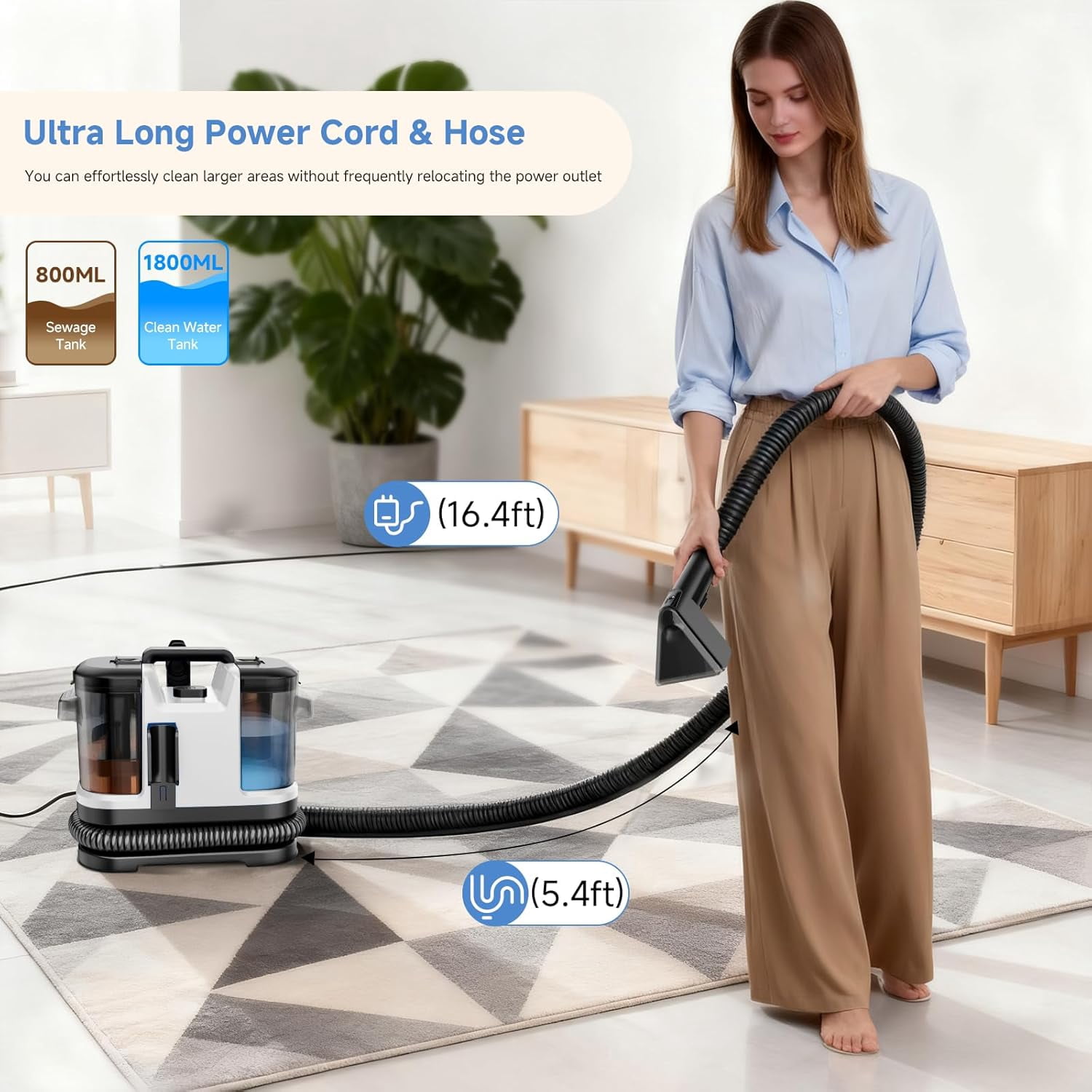 Portable Carpet Cleaner - 18KPa Turbo Suction, Dual Brush Heads, White