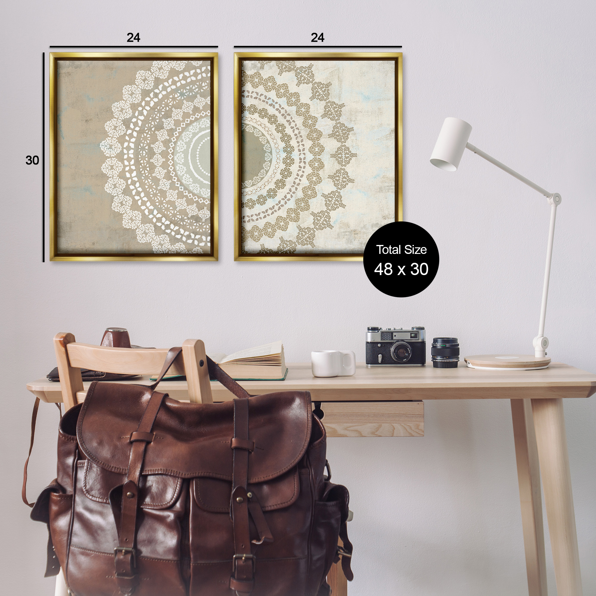 Stupell Industries Rustic Mandala Boho Pattern Abstract Painting Gold Floater Framed Canvas Art Print Wall Art, 25 x 31, Set of 2
