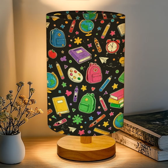 16-Color Dimmable Table Lamp, Colorful School Supplies Fun Elements Bedside Lamp Nightstand Light for Bedroom Nursery, Wood Base Fabric Shade Reading Lamps Back to School Gifts for Kids