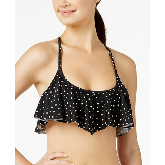 California Waves BLACK Space Dot Printed Flounce Bikini Swim Top, US Small
