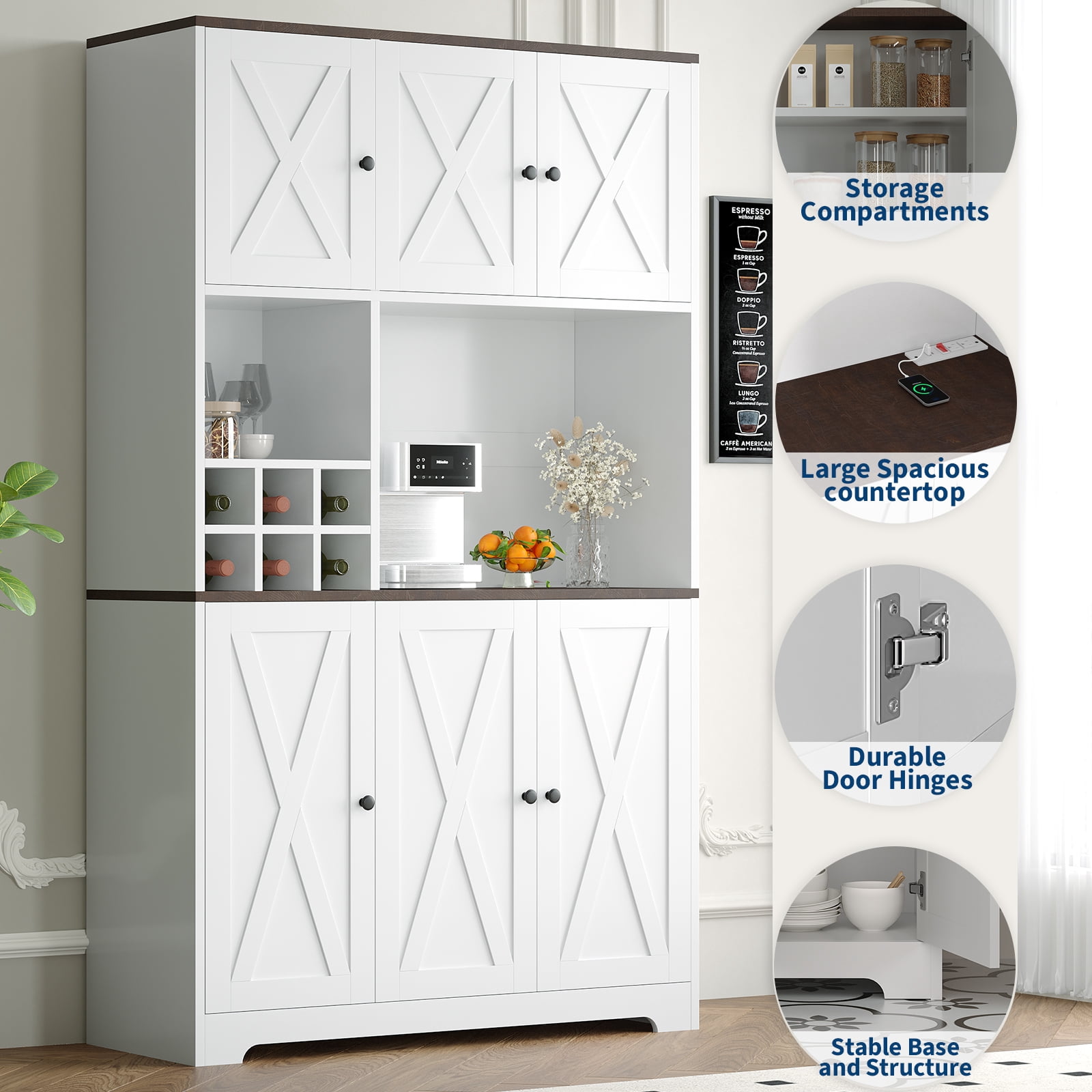 71 Inch Tall White Kitchen Pantry Cabinet, Modern Farmhouse Kitchen Hutch Storage Cabinet with Wine Rack, Freestanding Coffee Bar Station with Storage for Dining Room, Living Room