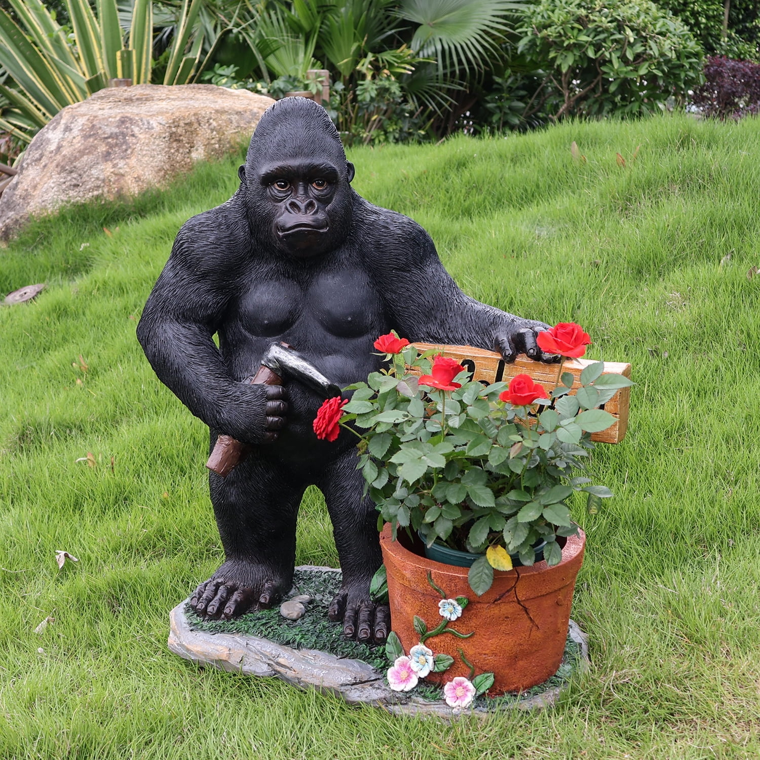 Aukfa Gorilla Garden Statue with Planter and Welcome Sign, Resin Outdoor Animal Sculpture with Built-In Flower Pot for Patio, Lawn, Porch, Entryway, Backyard Decor (Standing)