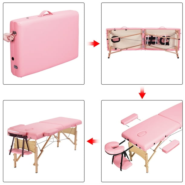 Alden Design 2-fold Portable Wooden Massage Table For Spa Treatments & Tattoos, 84 Inch, Pink, Size: 84x36.5x25.5-34in (LxWxH