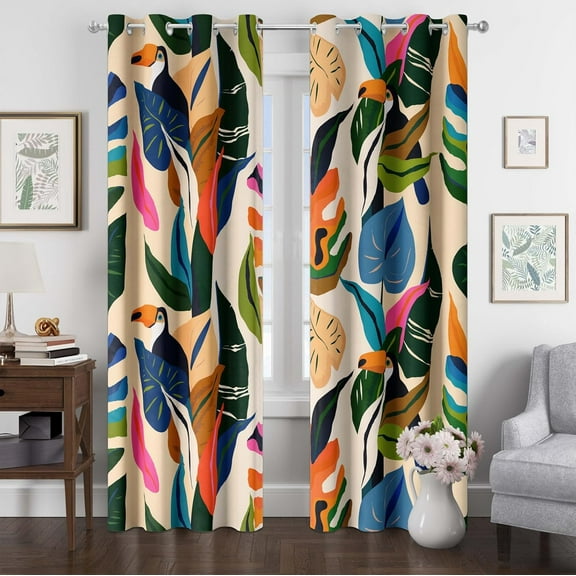 Colorful Tropical Plant Curtains Abstract Palm Leaf Window Treatments Decor Boho Jungle Toucan Birds Grommet Room Darkening Curtain for Kids Bedroom,Living Room,Art Gallery-52"W x 54"L (Pack of 2)