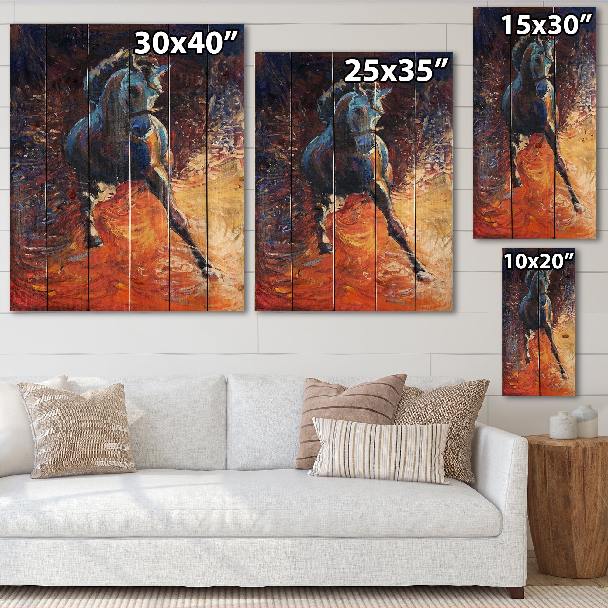 Designart 'Portrait Of A Galoping Blue Horse' Farmhouse Print on Natural Pine Wood
