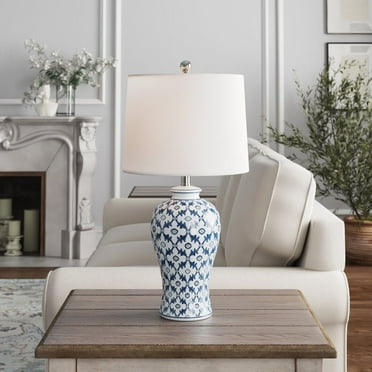 Maxax 25" Ceramic Table Lamps，Traditional Bedside Lamp with Fabric Shade，Blue and White Nightstand Lamp for Living Room Bedroom