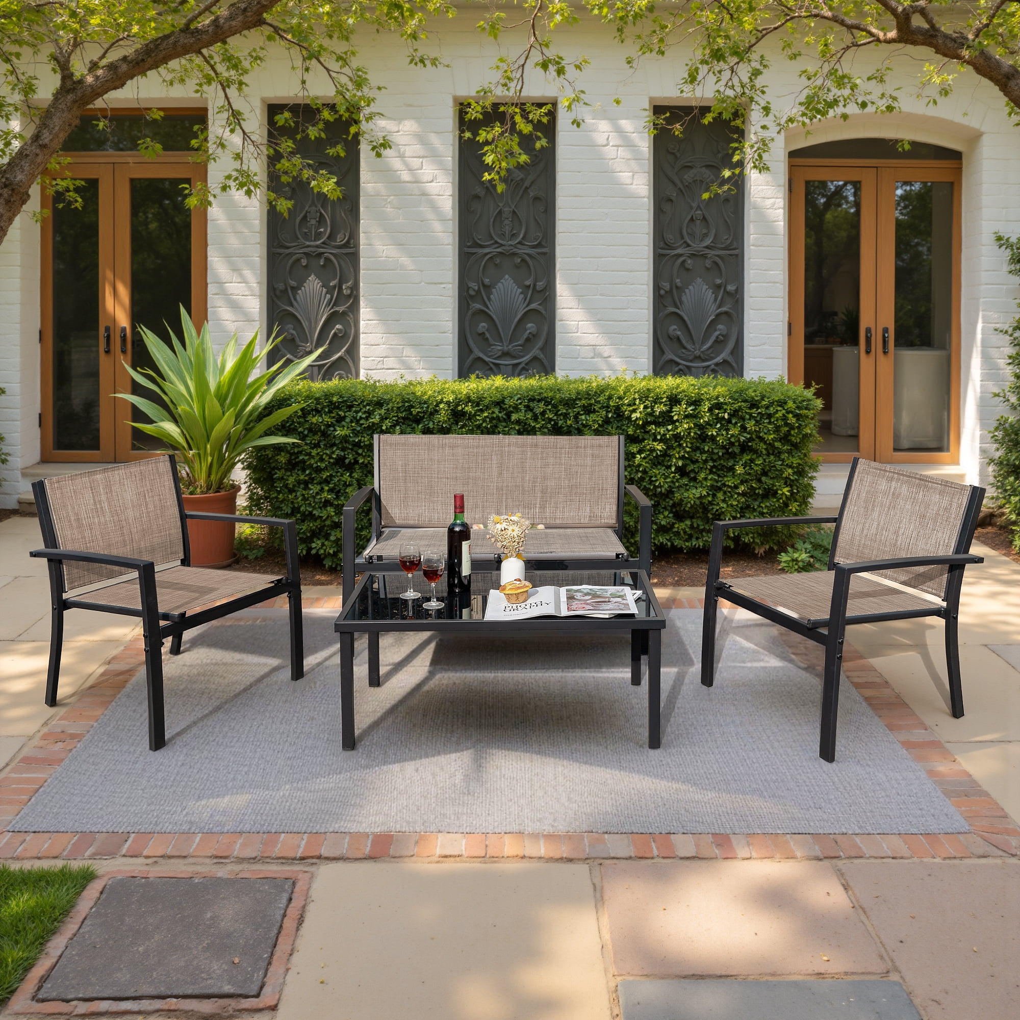 LACOO 4 Pieces Outdoor Furniture Set Patio Textilene Steel Conversation Set with Loveseat Tea Table for Lawn and Balcony, Beige