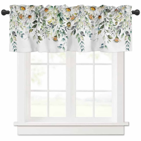 Hokiten Rod Pocket Curtain Valance, Eucalyptus Leaves Farmhouse Window Valance for Living Room, Bedroom, Kitchen White Daisy Spring Floral Summer Botancial 60"W x 18"L