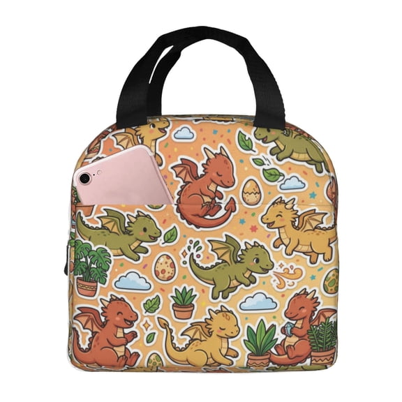 Dinosaurs Insulated Lunch Bag Cute Cartoon Pattern Reusable Cooler Tote with Front Pocket Handheld Portable Meal Prep Bag for Work Office Daily Picnic