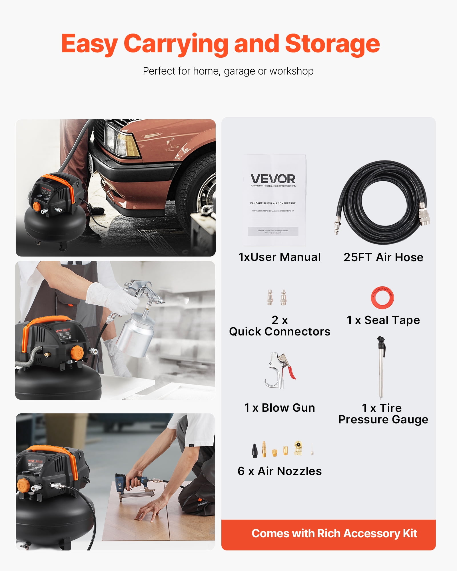 VEVOR 6 Gallon Air Compressor,1.7HP 2.3CFM@90PSI Portable Pancake Air Compressor & 150PSI Max Pressure, 12-Piece Accessory Kit with 25FT Air Hose for Tire Inflation, Spray Painting, Woodwork Nailing