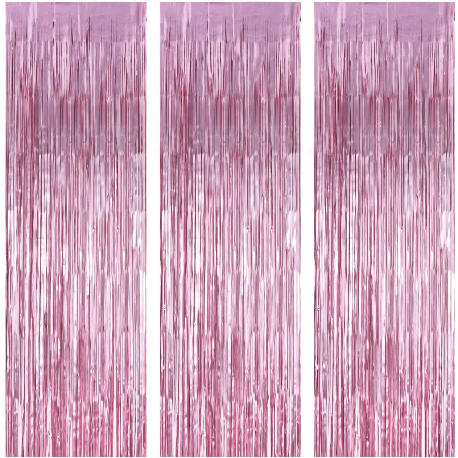UWANTME 3 Pack 3.3 x 6.6 ft Pink Metal Foil Tassel Curtains for Birthday Party Decoration Supplies