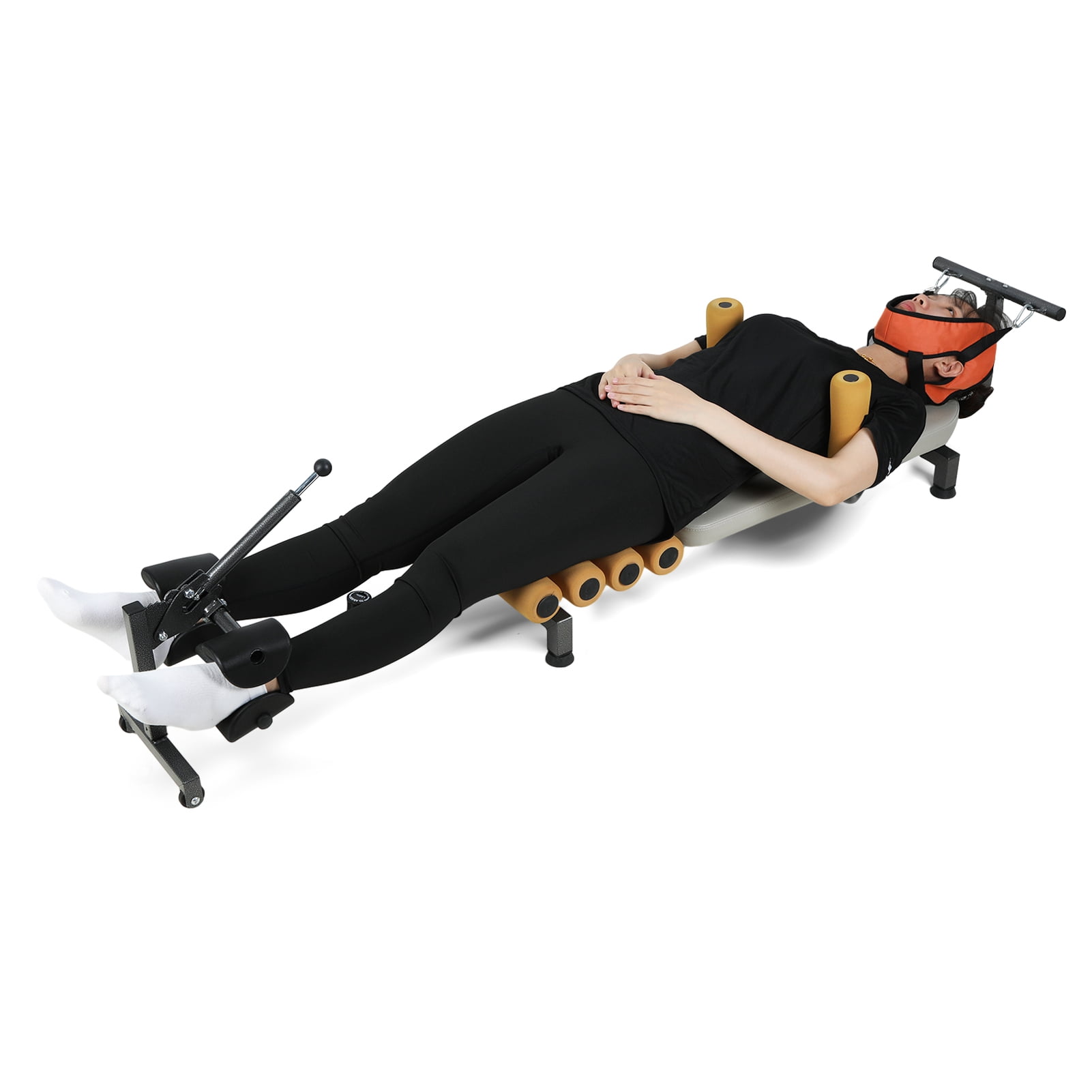 AurumEdge Back Stretch Bench with Cervical Traction, Length Adjustable Spine Stretcher Bed with Foam Rollers, 150kg Load-capacity Lumbar Decompression Table with Cervical Traction Clearance Tractor