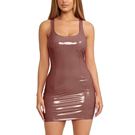 DXOUPM Beach Outfit Bodycon Dresses for Women Mini Dress Fashion Women Solid U Neck Sleeveless Leather Mini Bag Night Club Dress Sheath Dress Khaki M