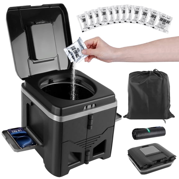 Yucurem Portable Camping Toilet with Side Holder, Foldable Emergency Camping Toilet Set with Carry Bag, Waste Bags and Hardener, Bear up to 450-500lb