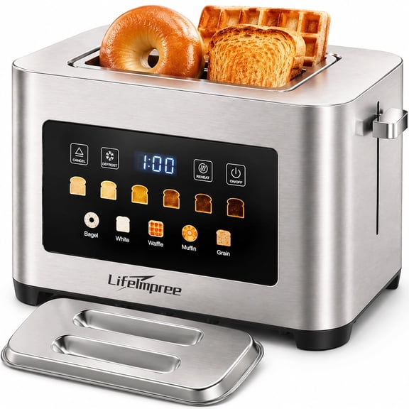 LifeImpree Toasters 2 Slice Wide Slot, 2 Slice Toaster with Cover, Stainless Steel, Digital Toaster for Bagels & Bread, 6 Browning Levels, Defrost & Reheat