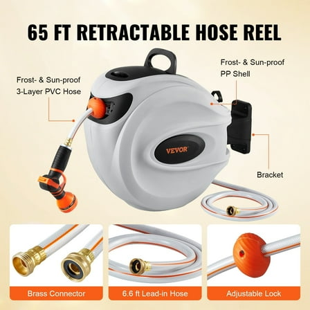 65’ x 5/8” Retractable Water Hose Reel Wall-Mounted 180° Swivel Garden Hose Reel with Automatic Rewind for Easy Storage