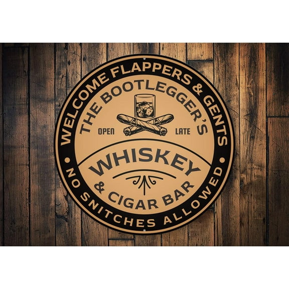 Whiskey and Cigar Novelty Decor, Metal Wall Sign - 12" Circle