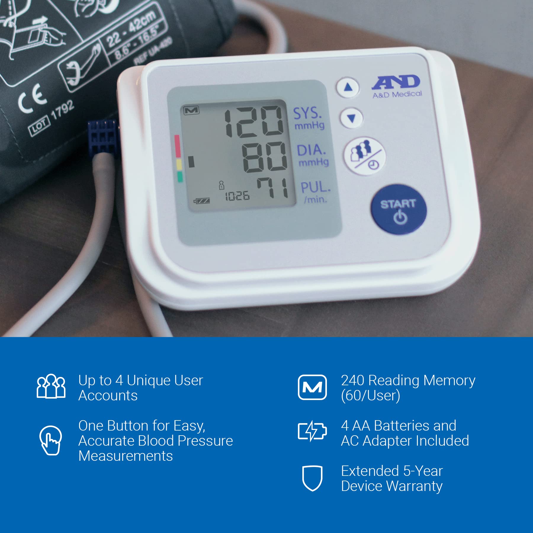 Monitor de presión arterial A&D Medical LifeSource, brazo superior, brazalete ancho, digital (UA-767FAC) 4