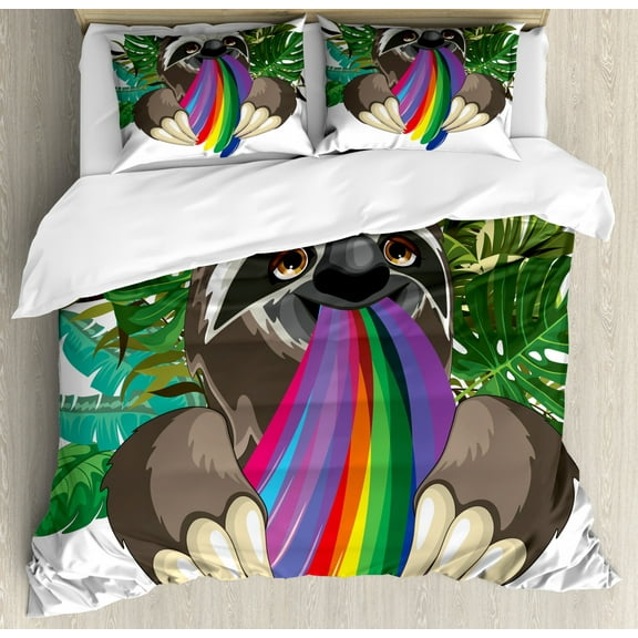 Sloth Duvet Cover Set King Size, Indolent Jungle Animal Spitting Rainbow Colors on Banana Leaves Backdrop Happy Mood, Decorative 3 Piece Bedding Set with 2 Pillow Shams, Multicolor, by Ambesonne
