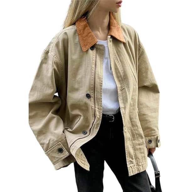 Chaquetas de Moda para Mujer, Otoño, con Cuello en Contraste, Cremallera, Algodón, Talla Grande, Informal, Cargo, Estilo Caqui M
